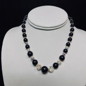 Gray Graduated Black Moonglow And Clear Beads Silver Tone Necklace (4867)